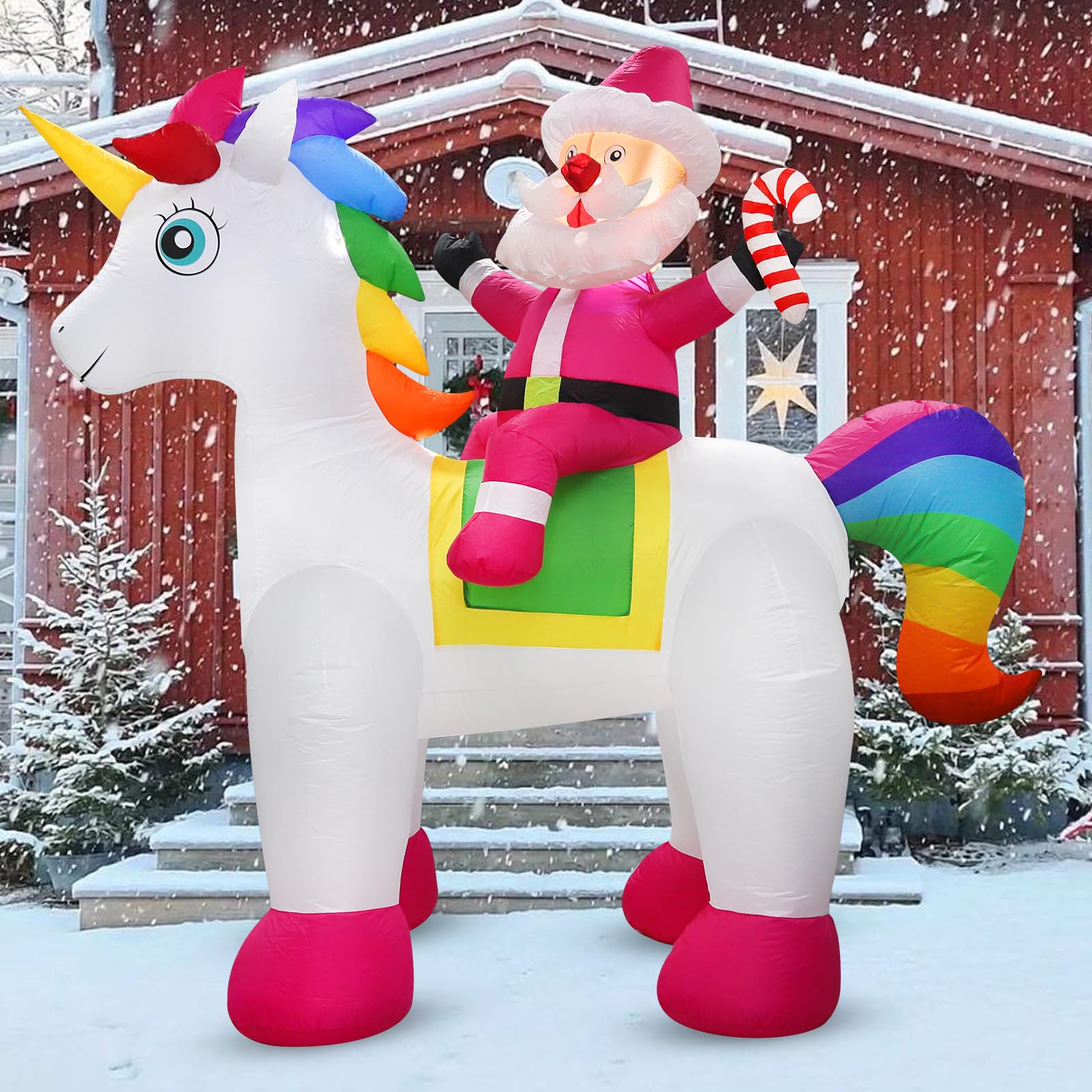 Koncifun Santa on unicorn fully inflated on a front lawn demonstrating easy outdoor display setup
