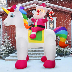 Koncifun Santa on unicorn fully inflated on a front lawn demonstrating easy outdoor display setup
