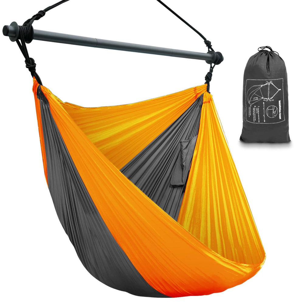 Konosnd front view of orange gray hammock chair showing roomy seat and color