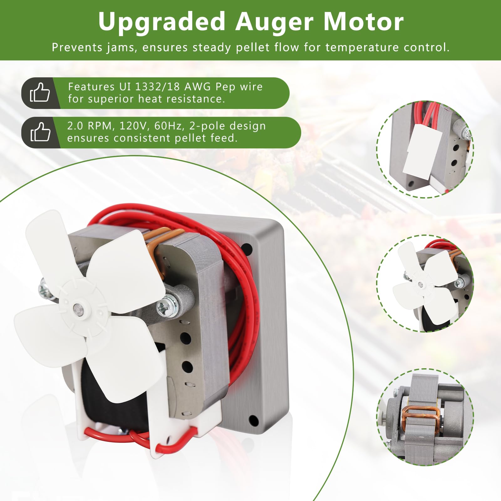 konros auger motor close-up showing reinforced gears and steady pellet feed benefit