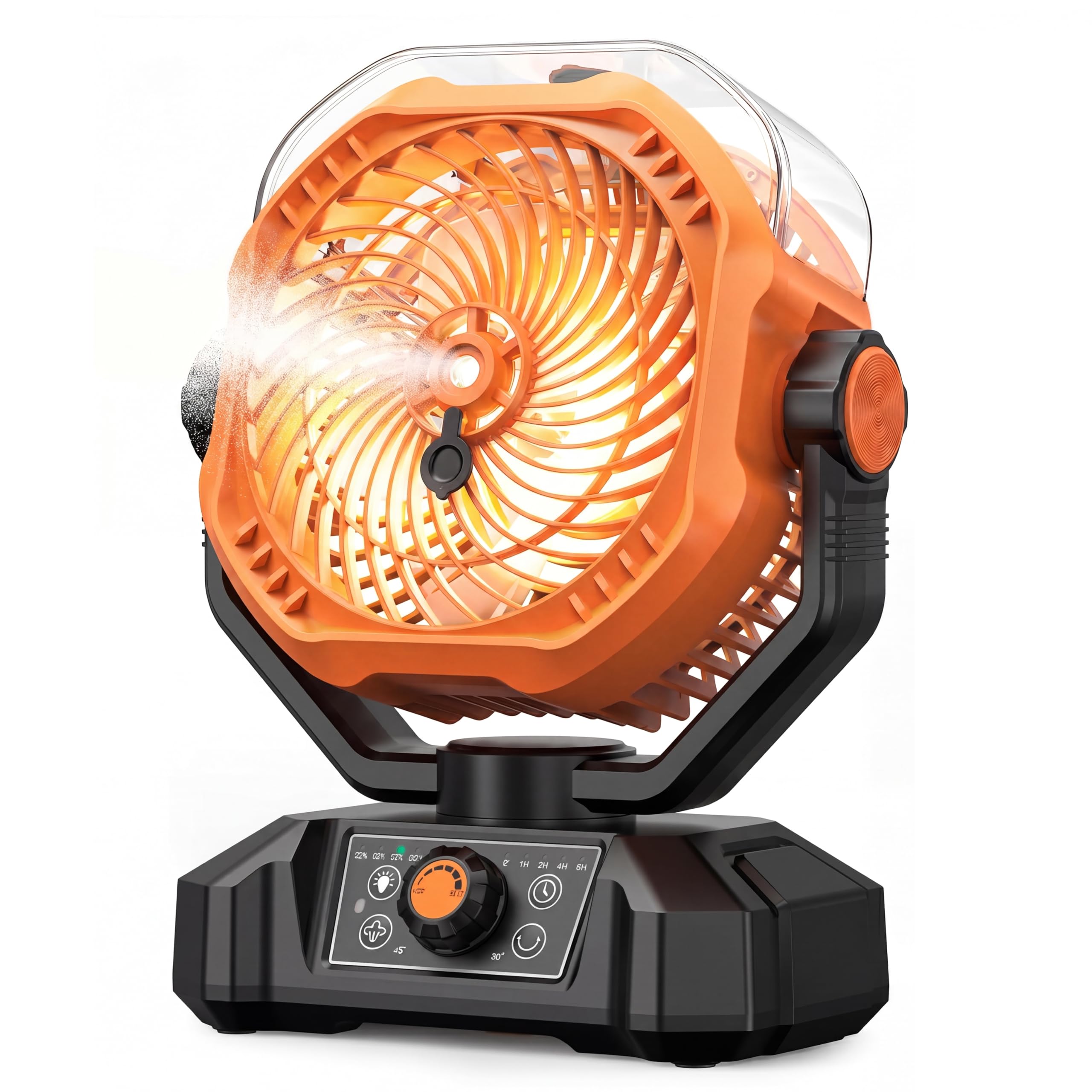 Koonie fan front view showing controls and orange finish for portable cooling