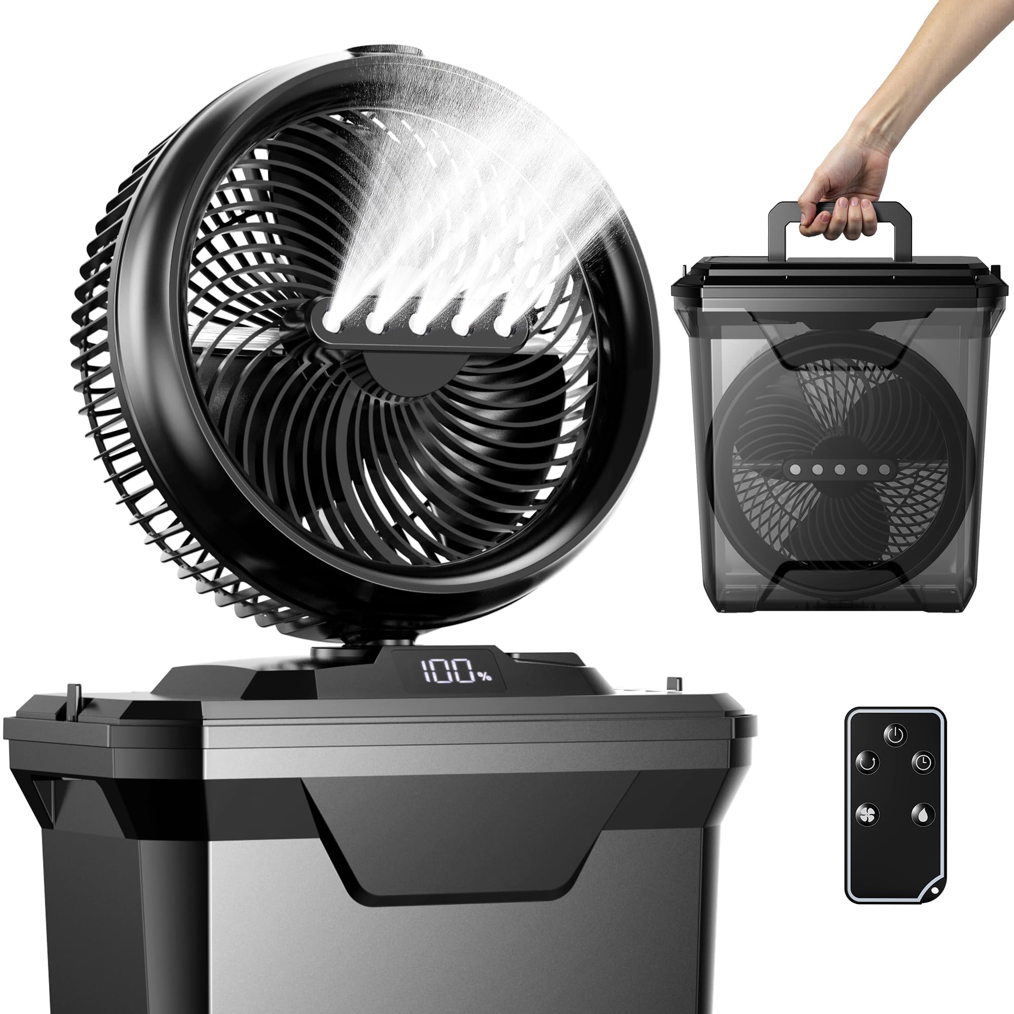 Koonie front view showing fan blades and misting nozzles for powerful cooling