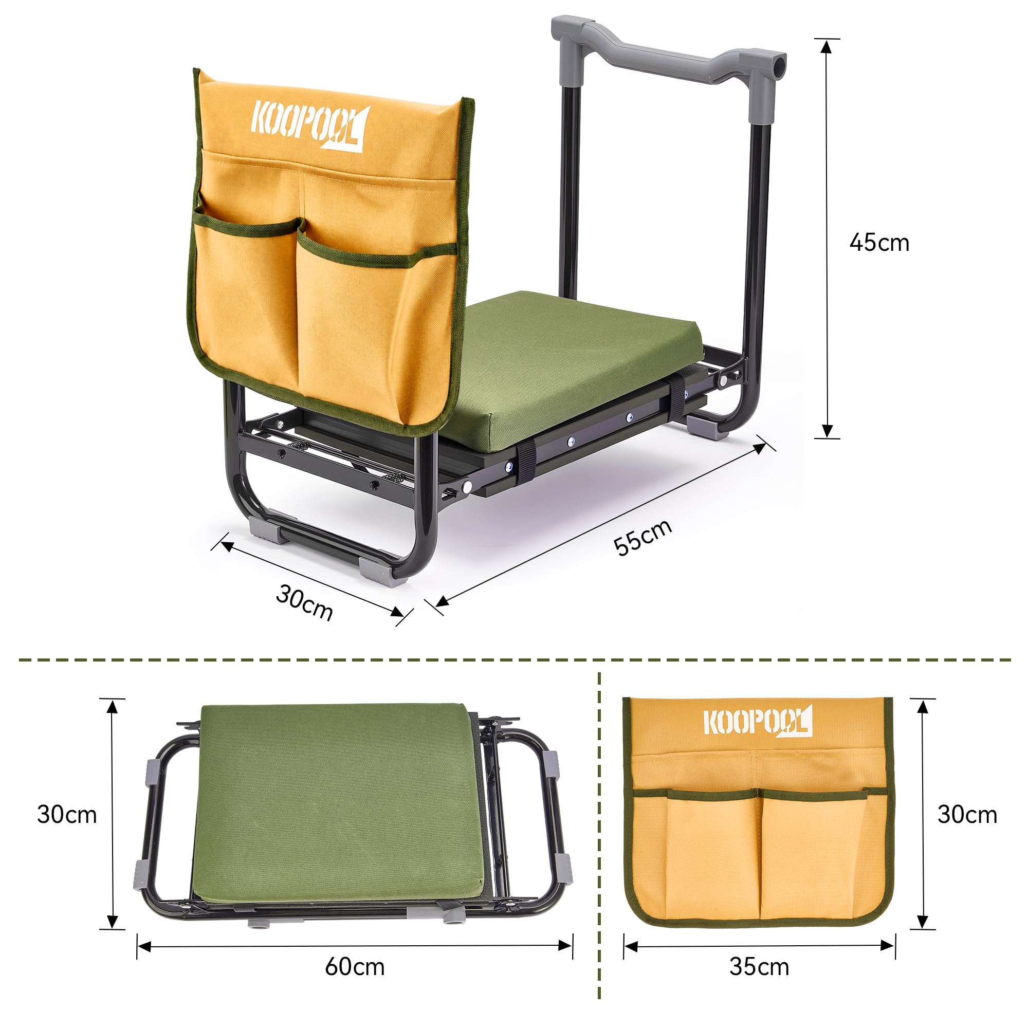 KOOPOOL in use with gardener kneeling, reduces knee strain benefit