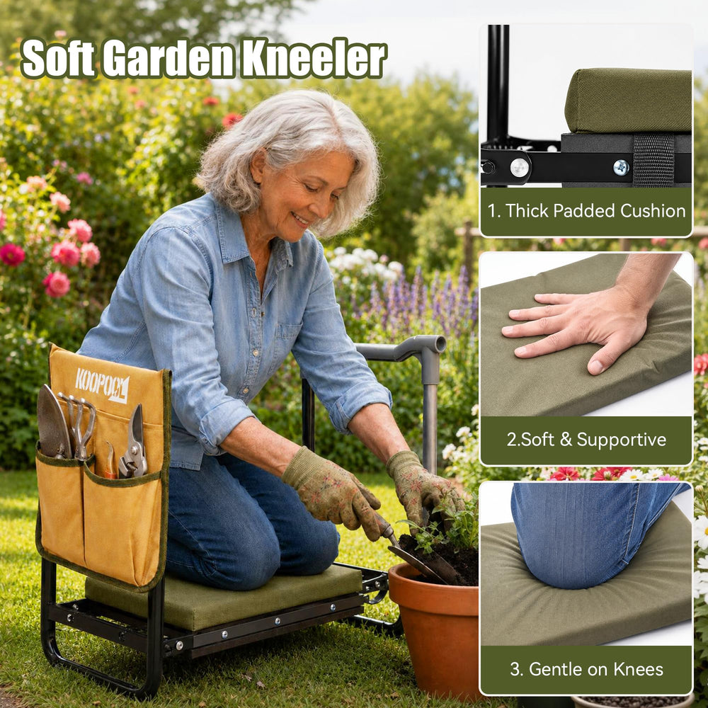 KOOPOOL close-up of wide EVA pad, cushioned comfort for knees benefit