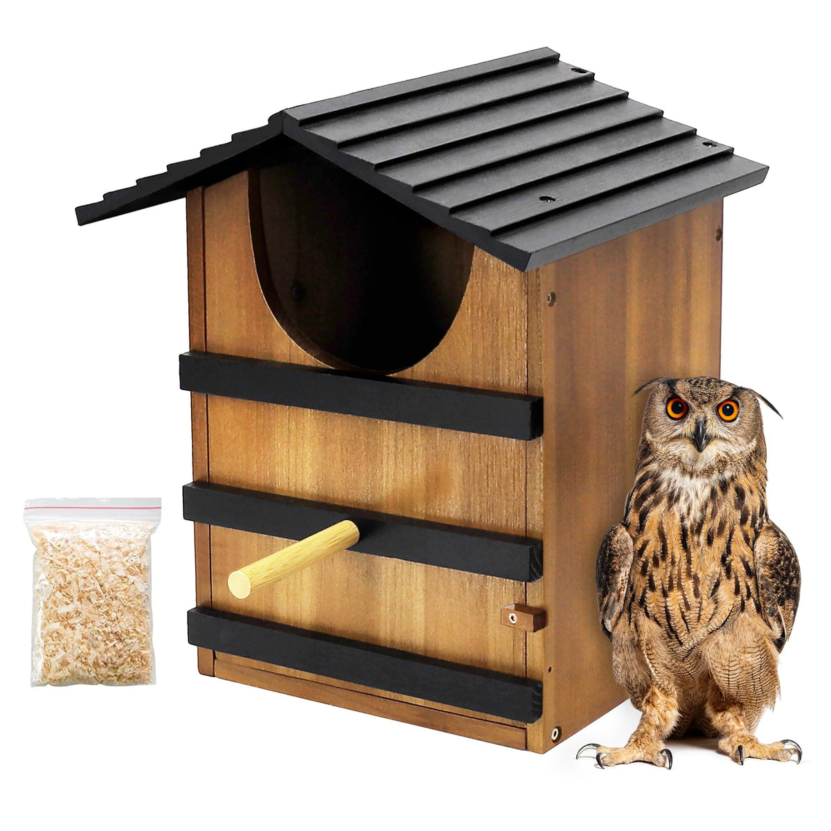 KOOPRO front view of owl house showing cottage design and secure shelter benefit