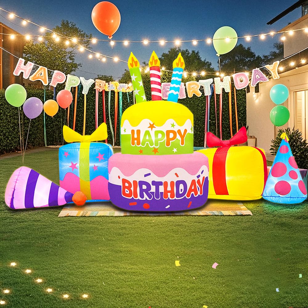 KOOY front view of 8ft inflatable cake showing festive design and curb appeal