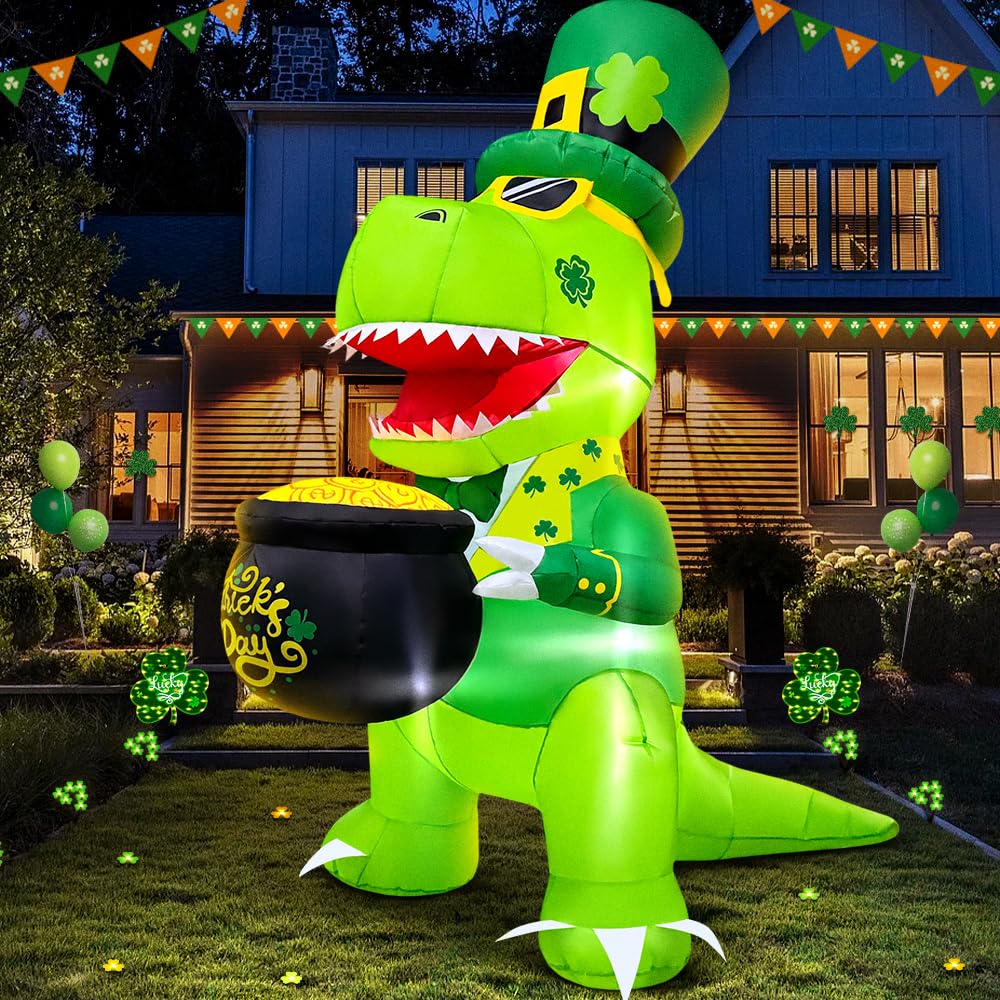KOOY dinosaur front view showing pot of gold and shamrock hat, eye-catching curb appeal