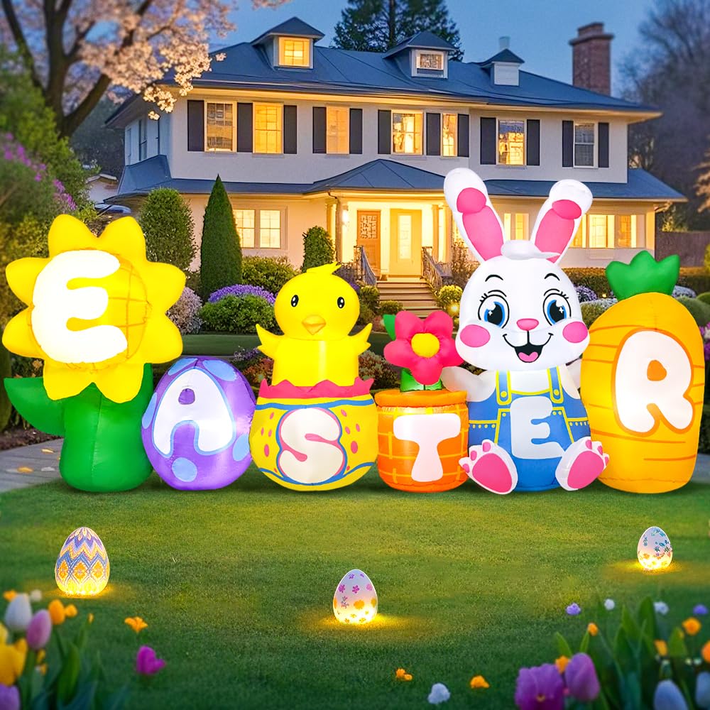 KOOY front view of 8ft inflatable bunny showing festive details and curb appeal