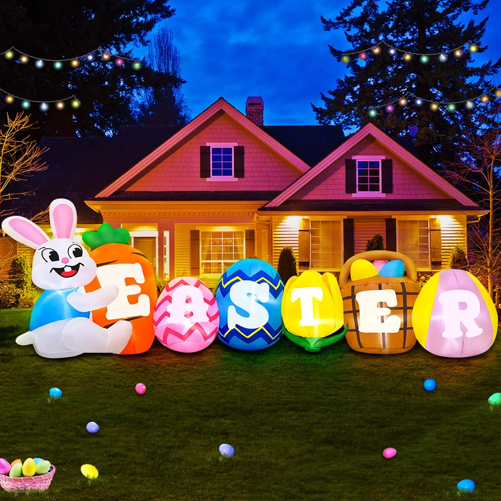 KOOY front view of 10ft Easter bunny inflatable showing festive banner and size benefit