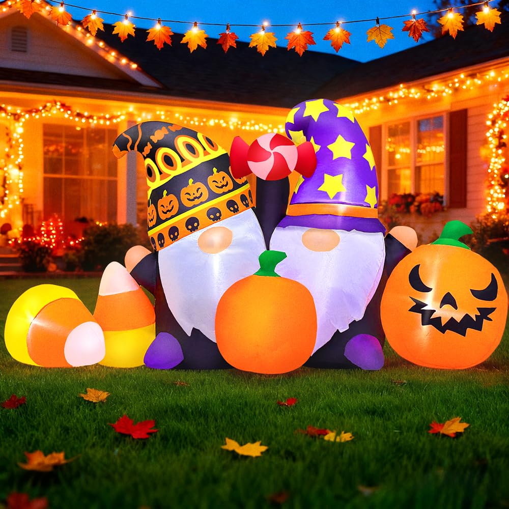 KOOY front view of gnomes with pumpkins showing festive curb appeal