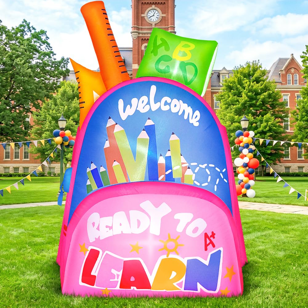 KOOY front view of lit inflatable schoolbag showing vibrant school design and curb appeal