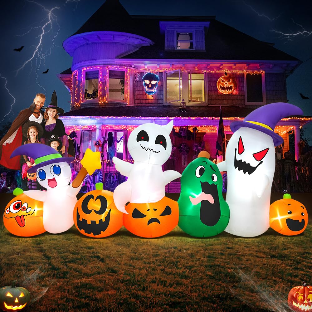 KOOY front view of 8ft inflatable ghost and pumpkin showing festive curb appeal