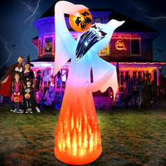 KOOY ghost front view showing full 10ft height and spooky pumpkin for dramatic curb appeal