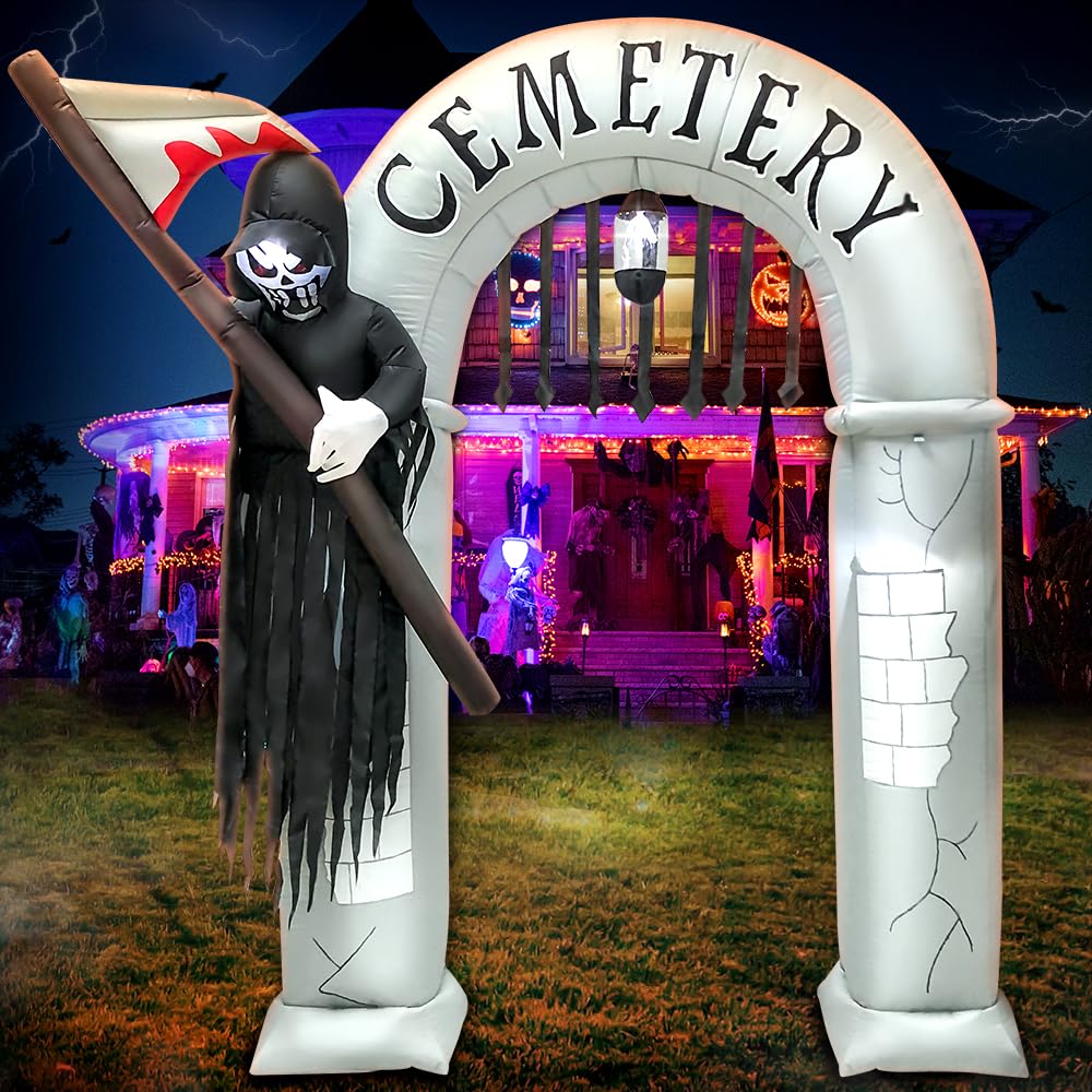 KOOY Grim Reaper archway front view showing spooky entrance and curb appeal