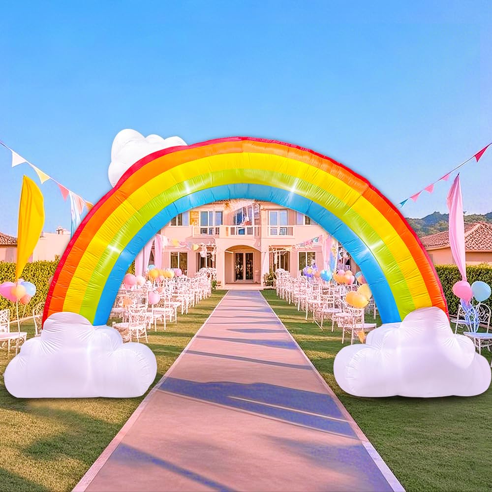 KOOY rainbow arch in garden party scene creating festive atmosphere and photo backdrop