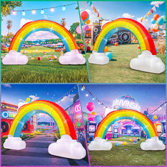KOOY rainbow arch illuminated LED lights at dusk brightening a yard