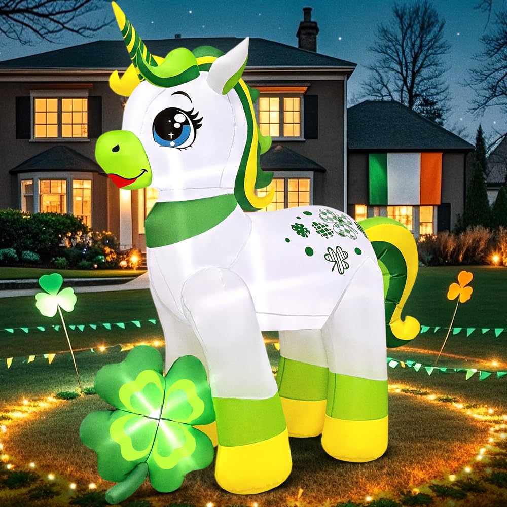 KOOY front view unicorn inflatable with shamrock, bright curb appeal