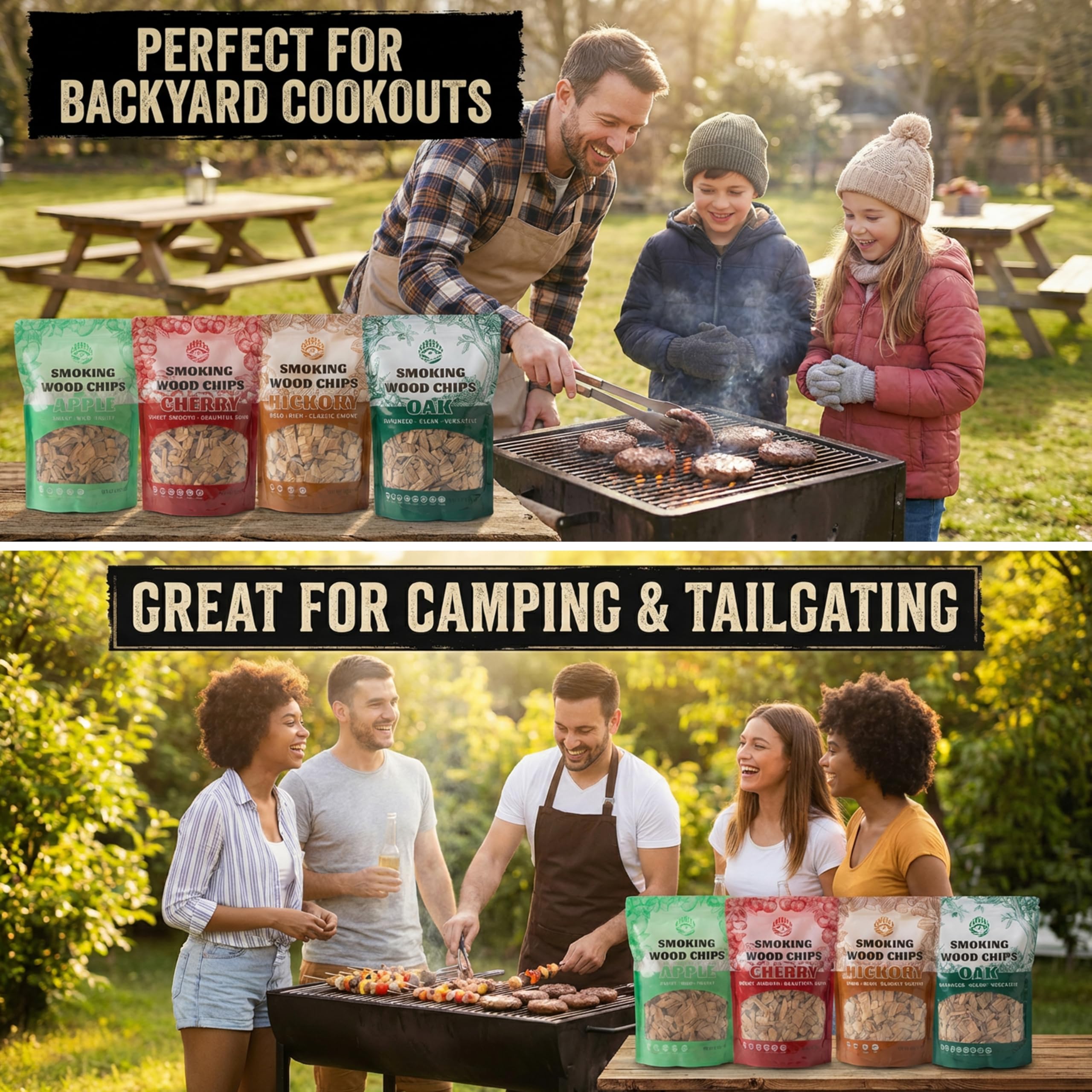 KORELION WOOD chips in a backyard grill with cooked meat showing flavor result