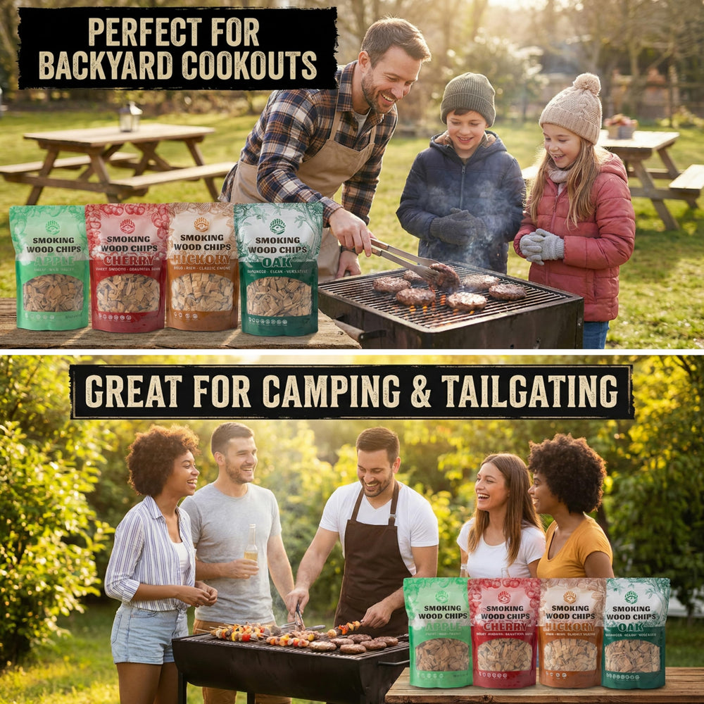 KORELION WOOD chips in a backyard grill with cooked meat showing flavor result