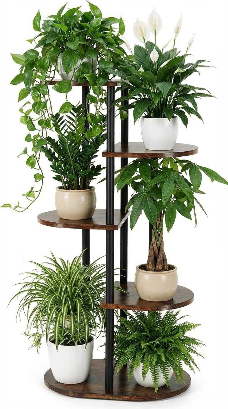 Korrie Home front view of rustic wooden 5-tier plant stand showing space-saving benefit