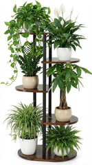 Korrie Home front view of rustic wooden 5-tier plant stand showing space-saving benefit