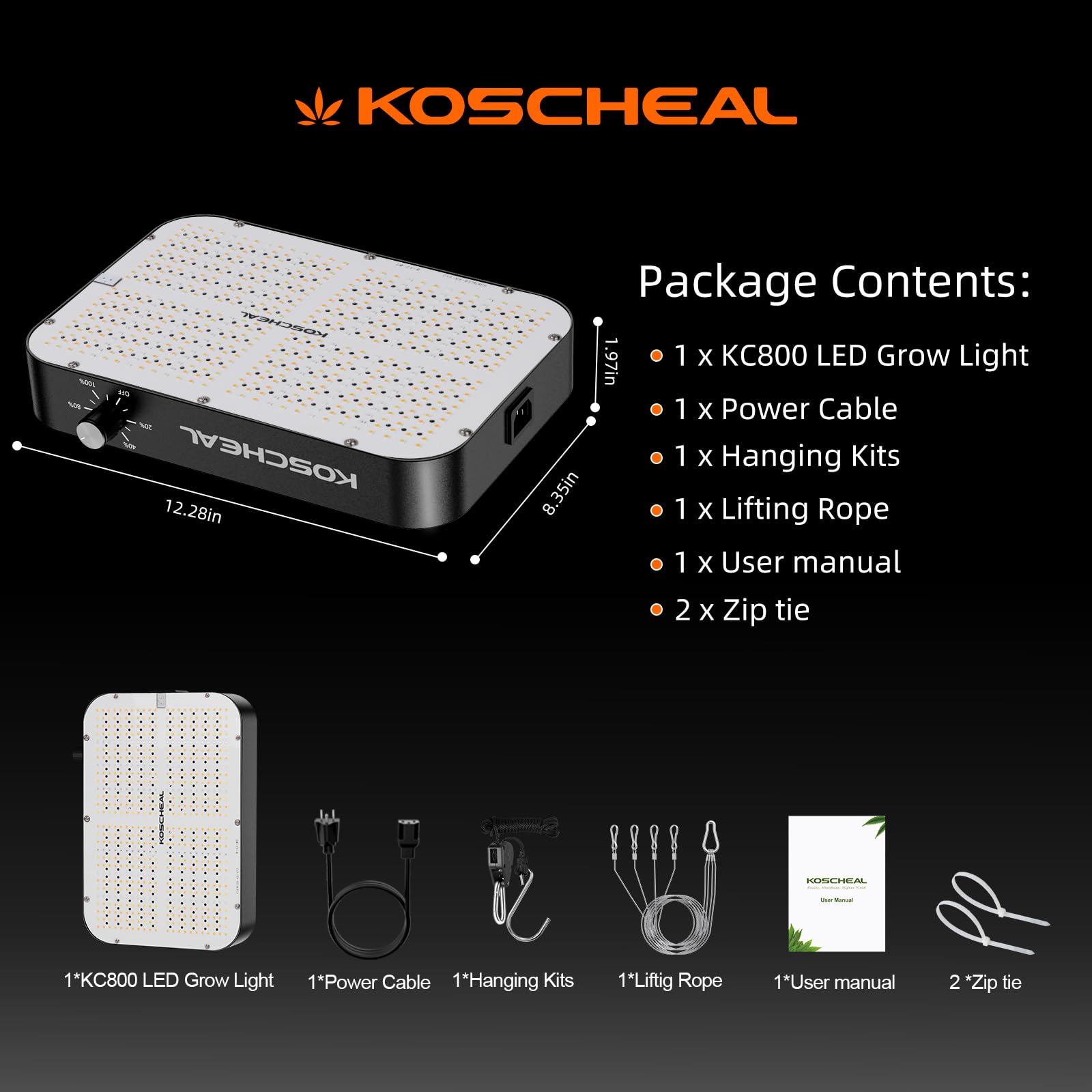 KOSCHEAL KC800 rear label and specs panel clarifying power and certification info