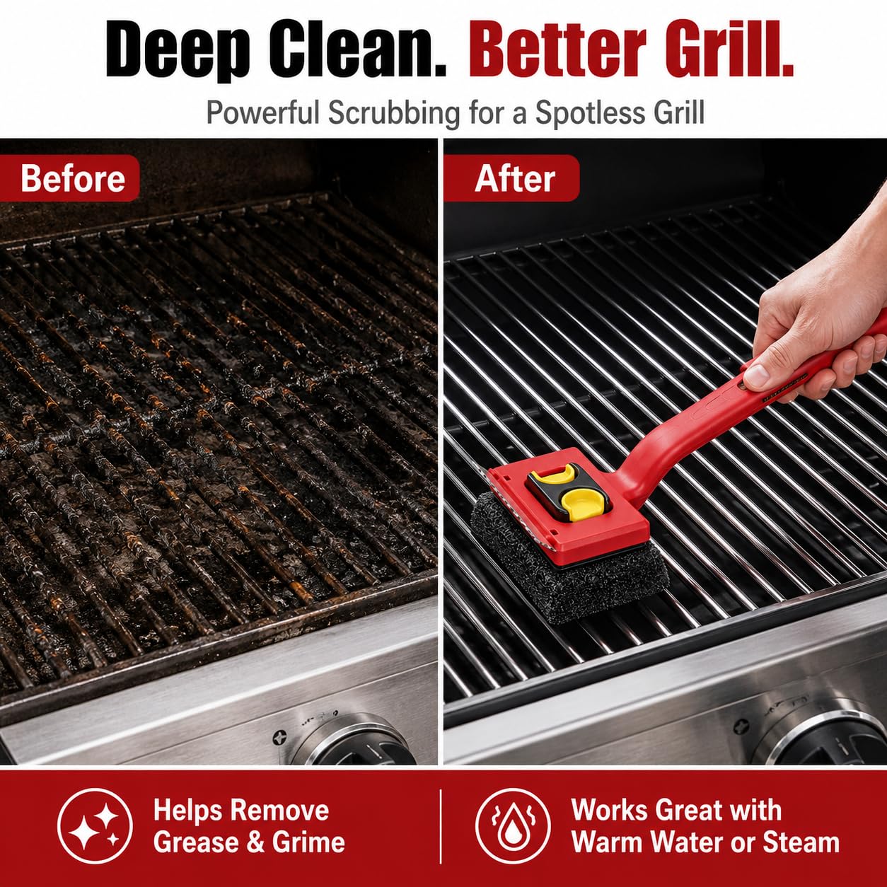 Kosmikos brush in use on a charcoal grill showing efficient grime removal