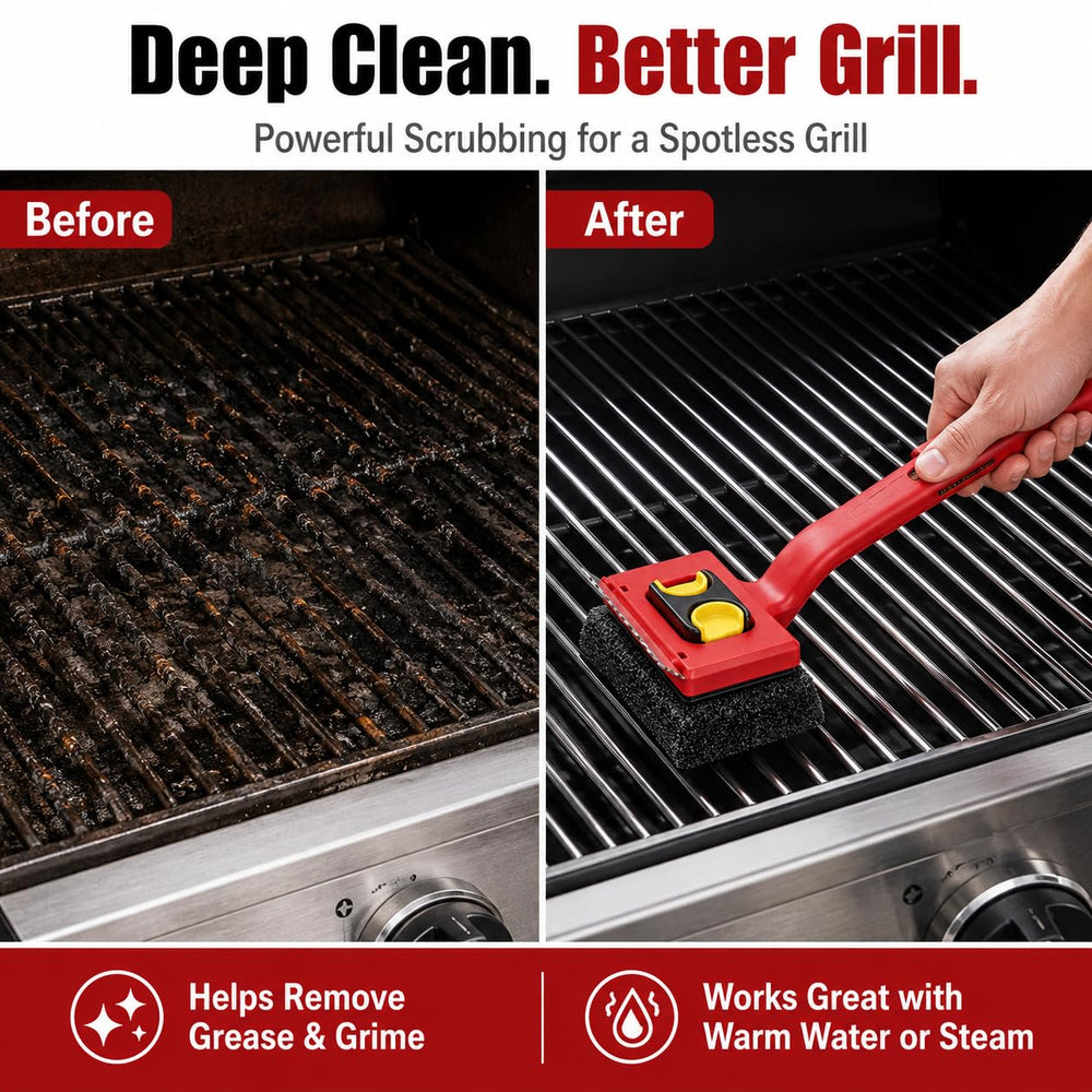 Kosmikos brush in use on a charcoal grill showing efficient grime removal