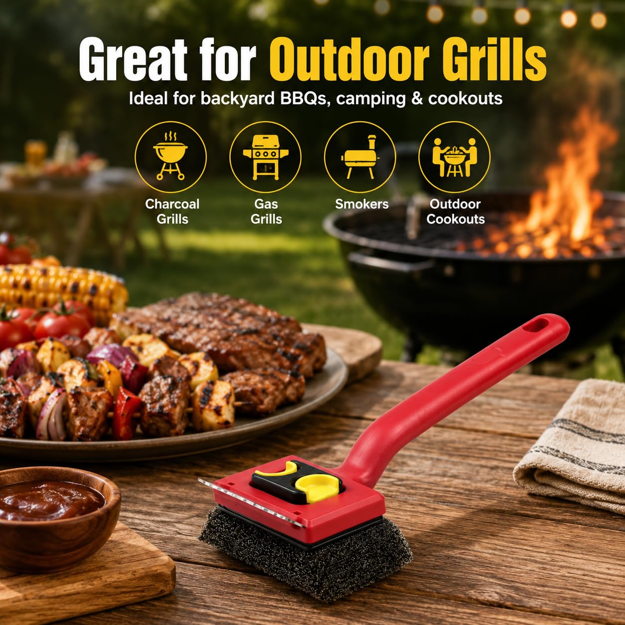 Kosmikos lifestyle image cleaning a backyard grill, faster maintenance