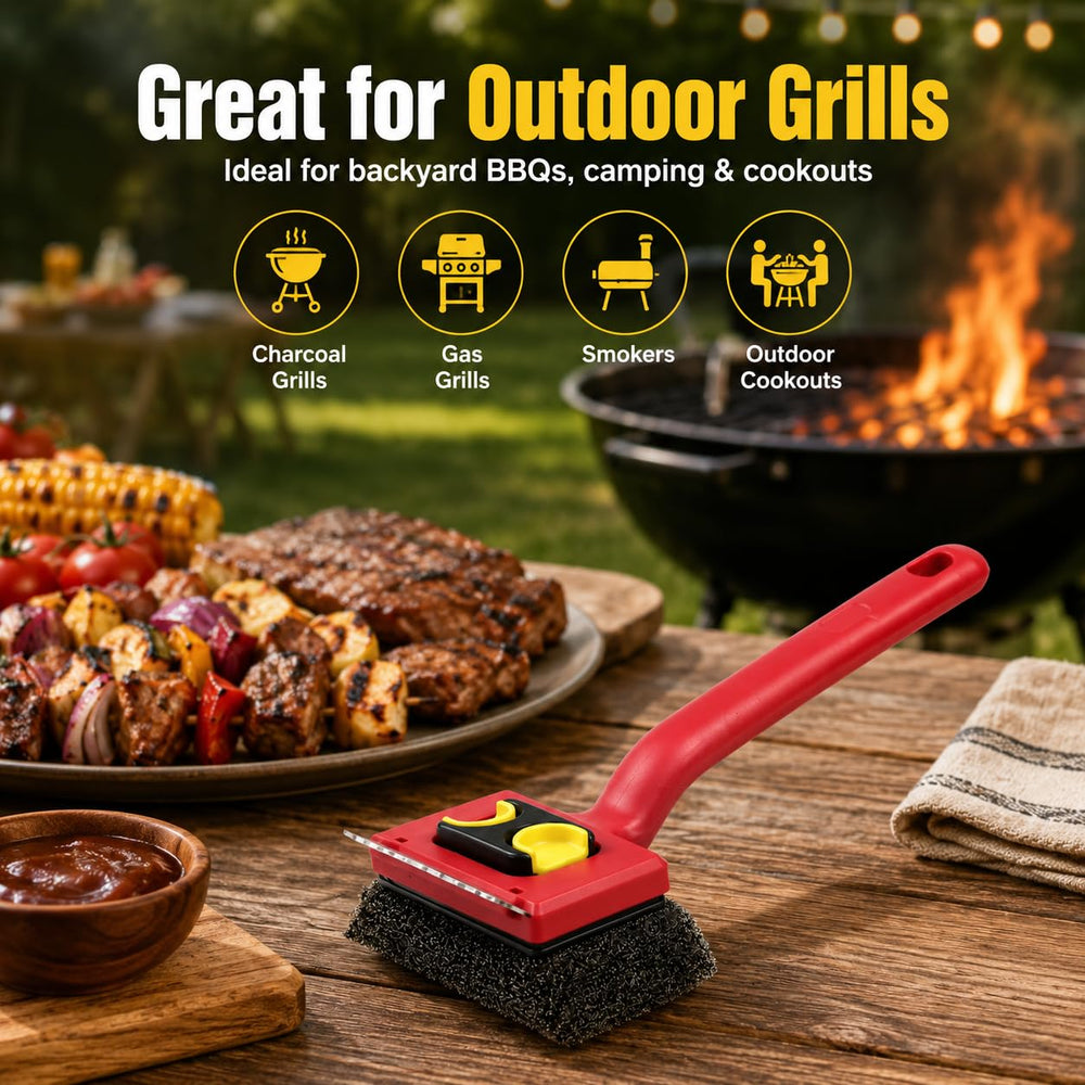 Kosmikos lifestyle image cleaning a backyard grill, faster maintenance
