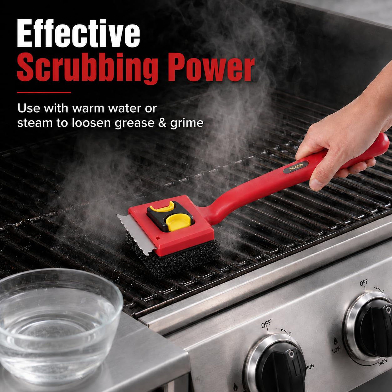 Kosmikos brush beside grill tools showing scale and practical size