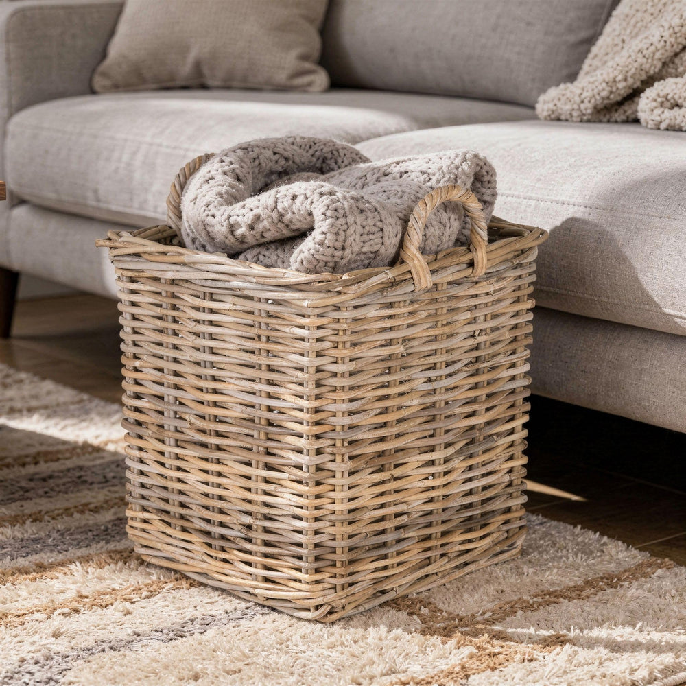 Kouboo basket beside folded blanket showing scale and practical storage