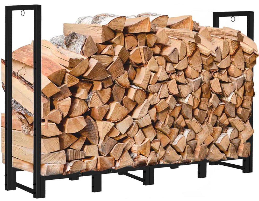 Koutemie front view of assembled rack showing organized firewood and space savings