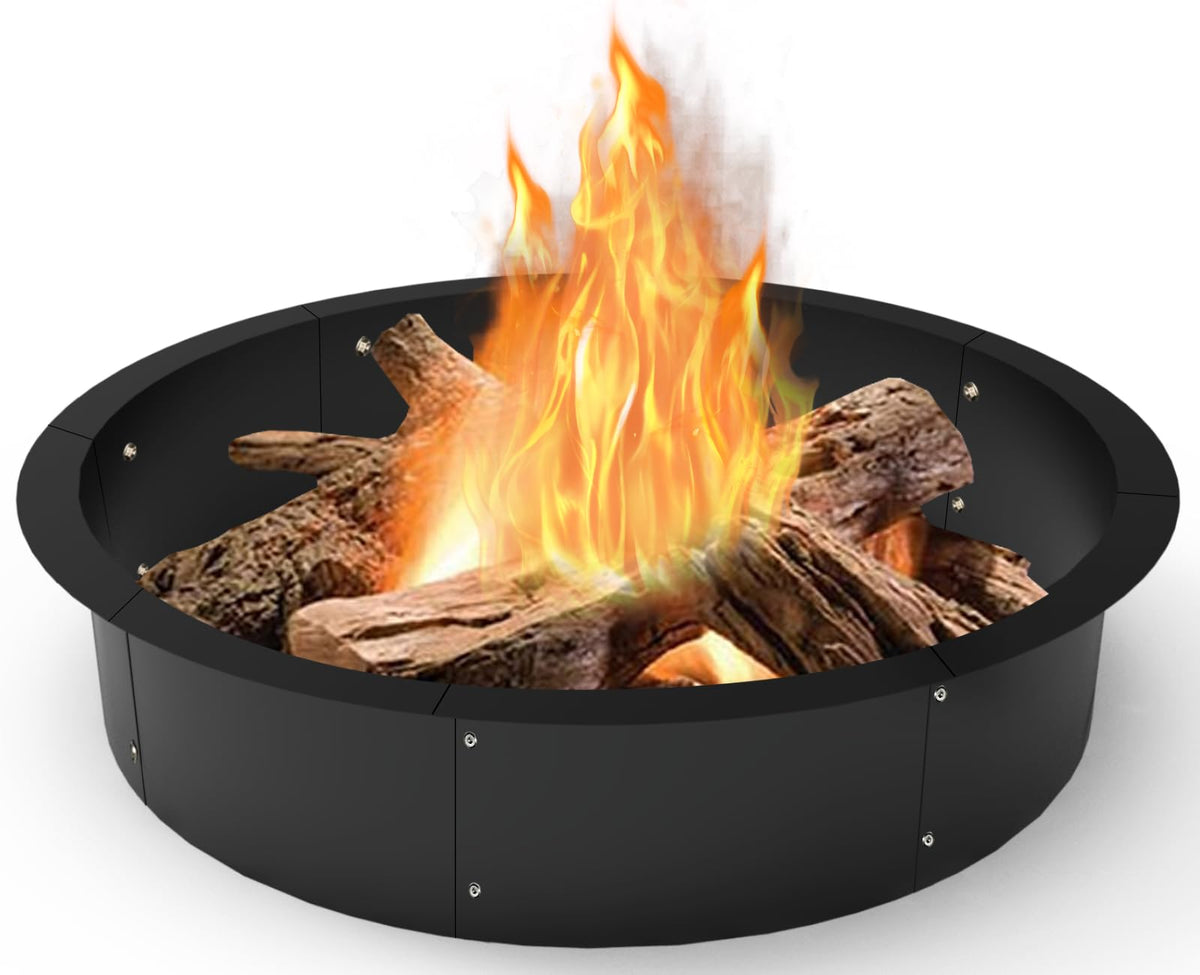 Koutemie front view of the black steel fire pit ring showing sturdy rim and clean containment benefit