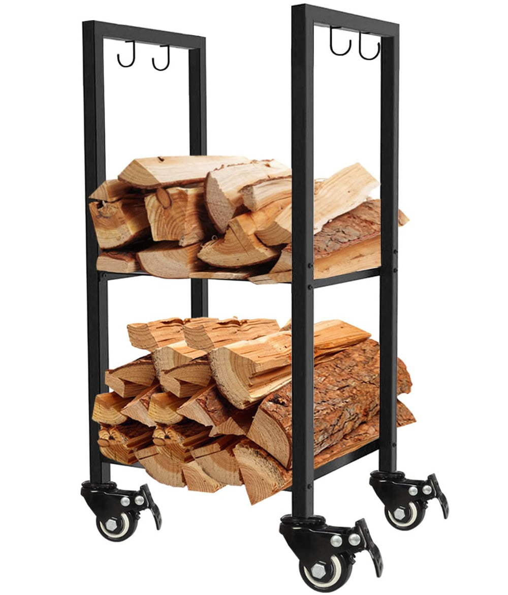 Koutemie front view showing compact two-tier rack and tidy log storage benefit