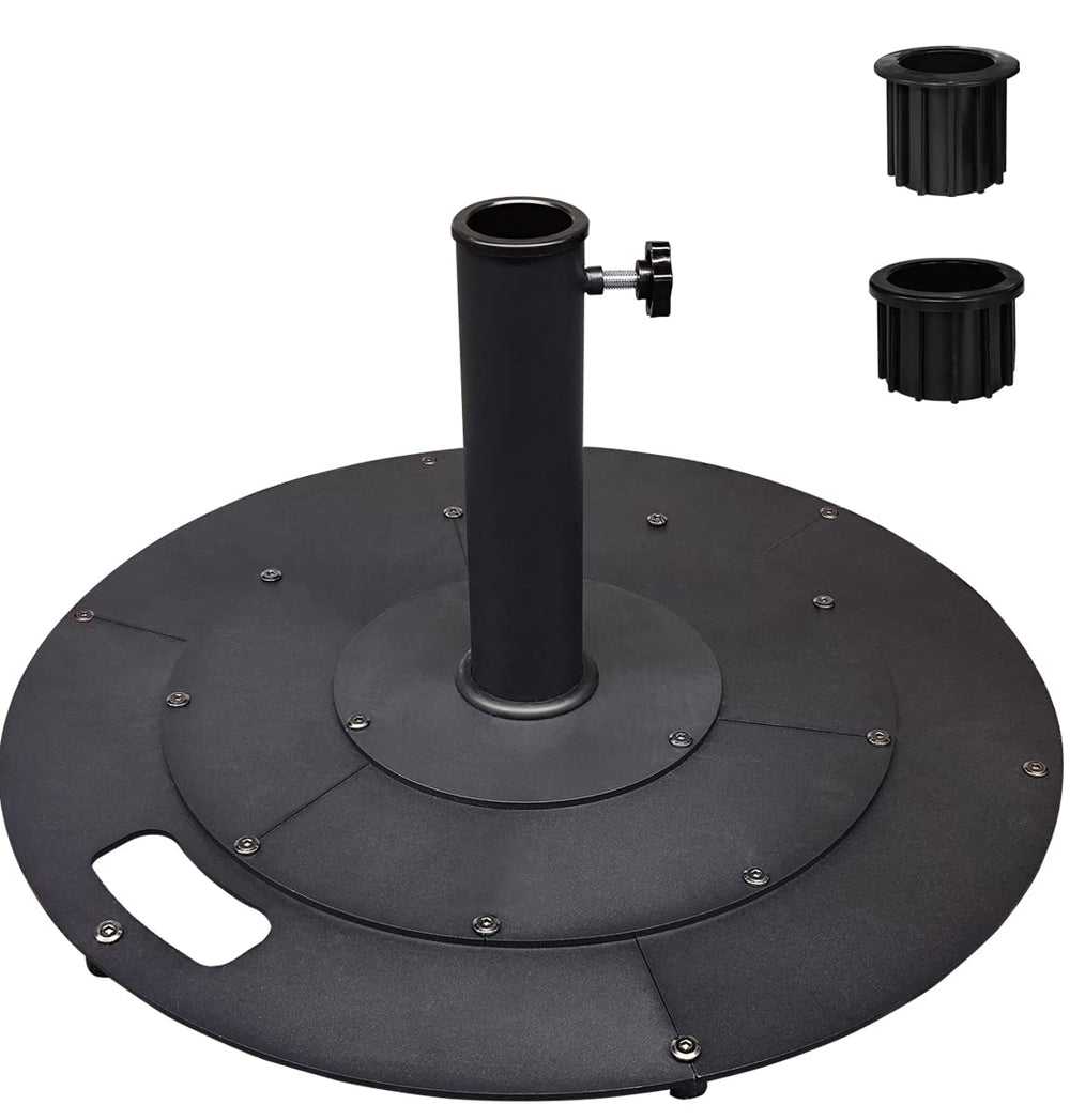 Koutemie front view of umbrella base showing sturdy steel and wide disc for stability