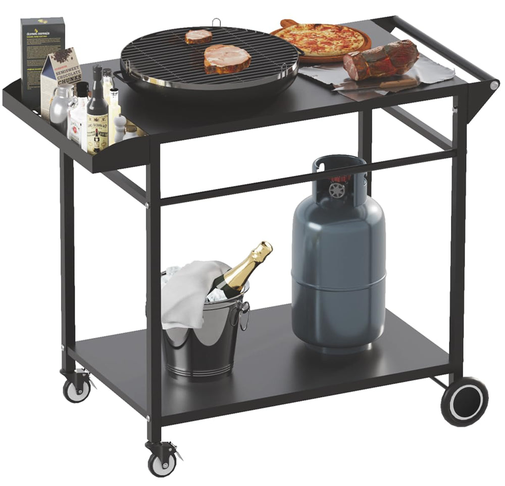 Koutemie front view of grill cart showing sturdy frame and tabletop benefit: stable surface