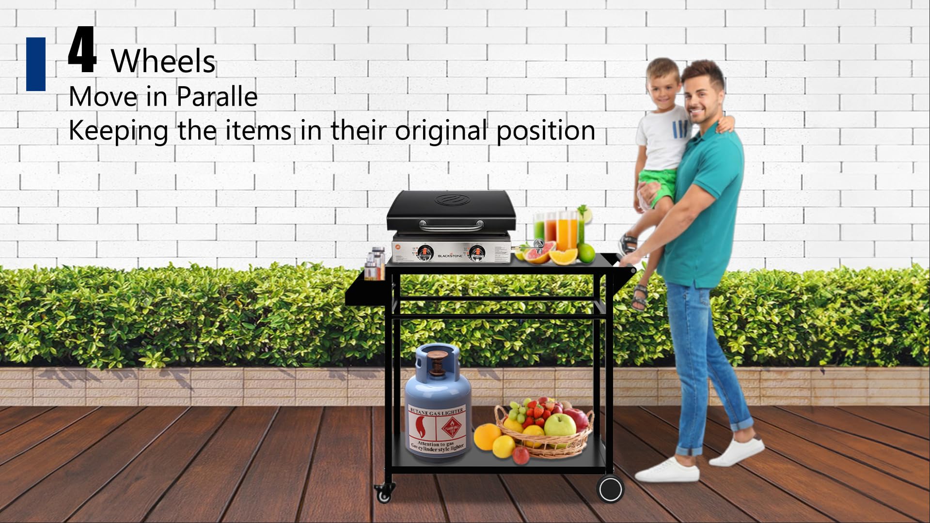 Koutemie cart next to person for scale benefit: compact footprint yet heavy-duty capacity