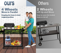 Koutemie lower shelves loaded with cookware benefit: roomy storage for tools and fuel
