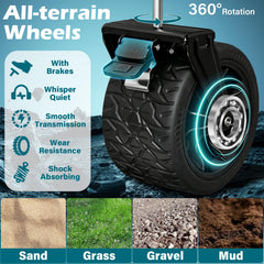 Kovryx close-up of oversized sand wheels providing smooth rolling on soft surfaces