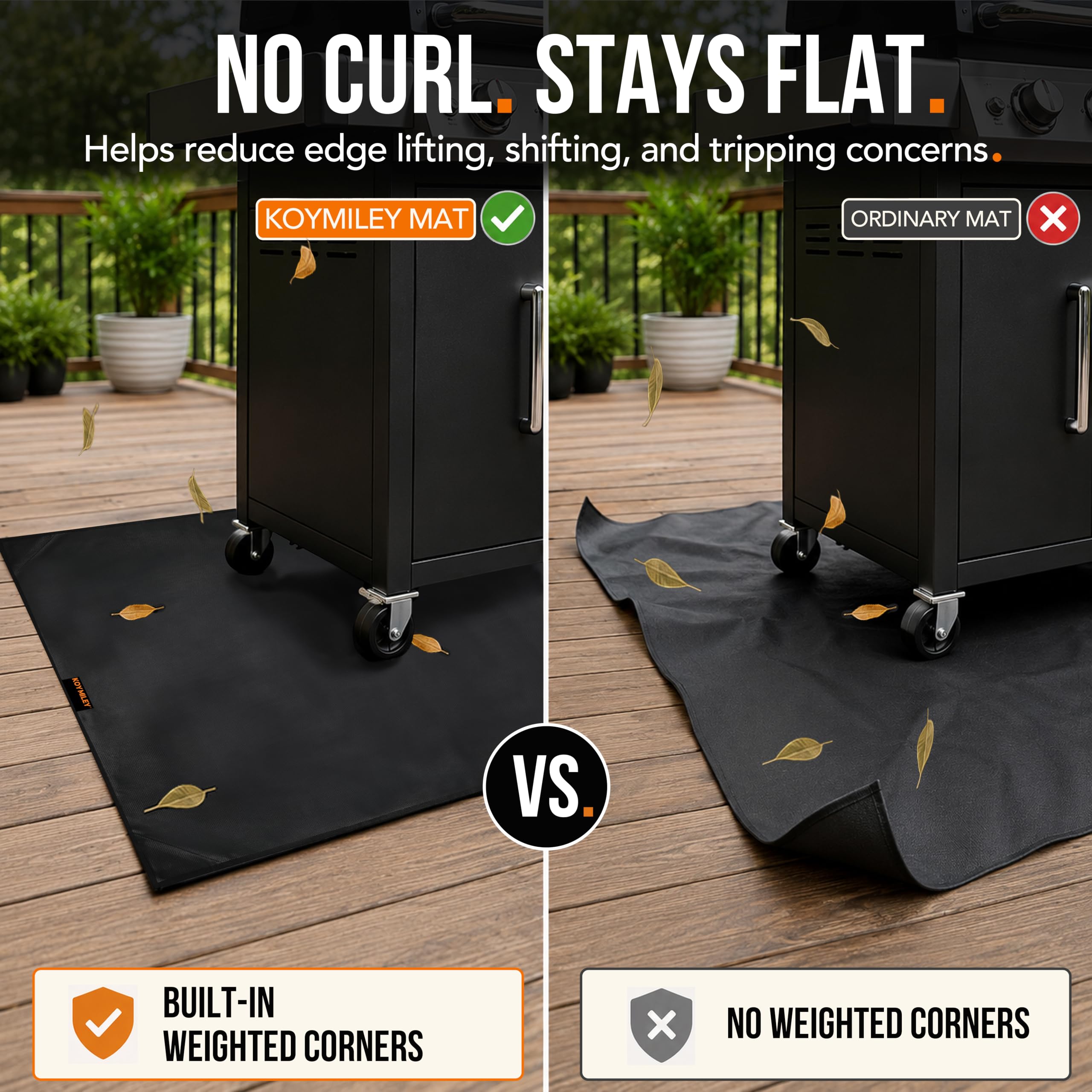 koymiley mat placed under grill protecting patio from grease and heat