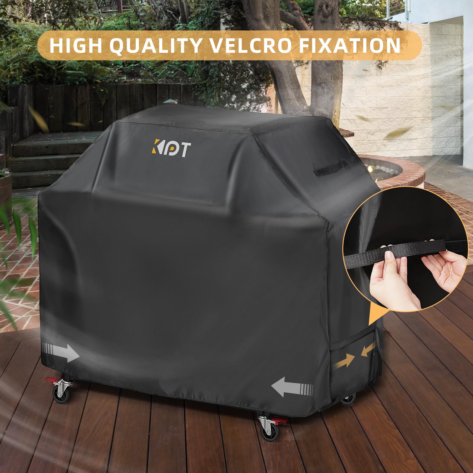 KPT cover installed on Weber-style grill protecting from weather
