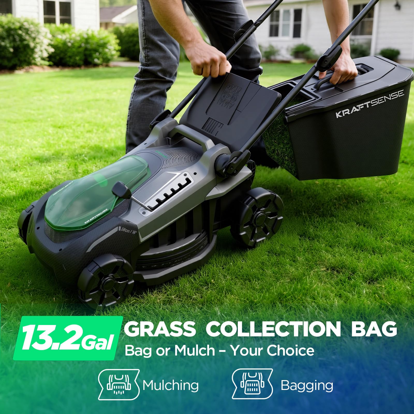 KraftSense mowing a suburban lawn showing cordless convenience