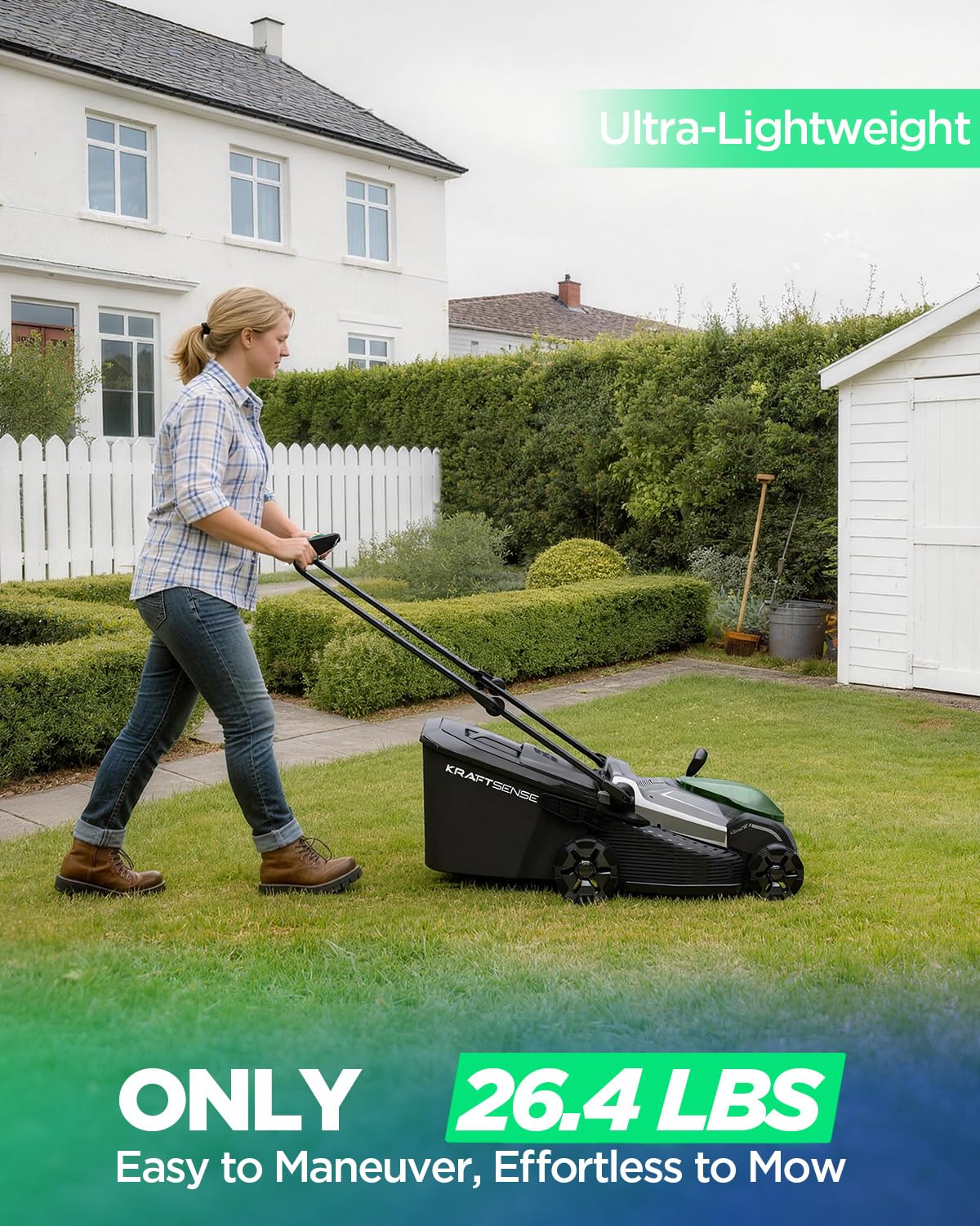 KraftSense 50L grass box attached demonstrating large capacity and less emptying
