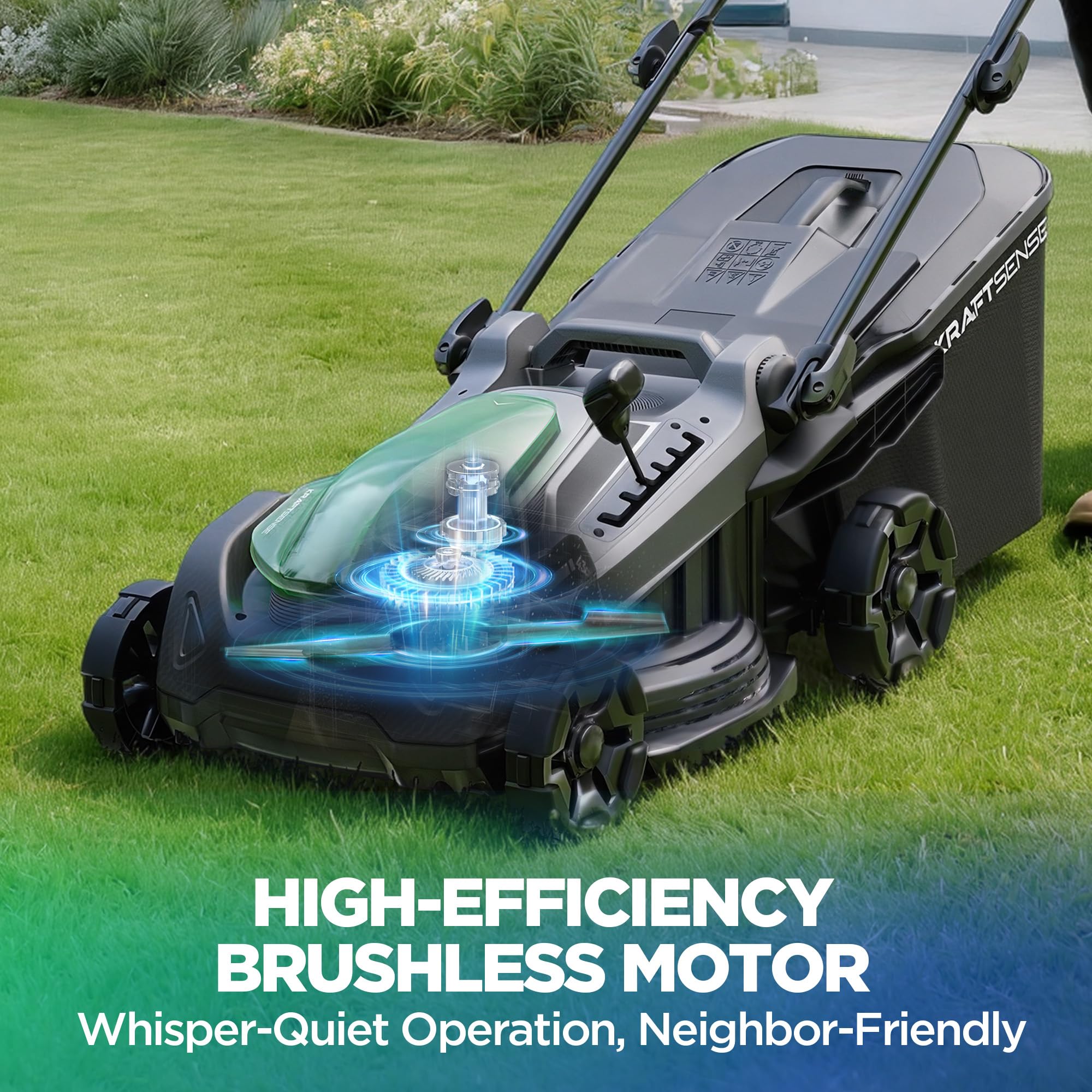 KraftSense blade and deck close-up showing brushless motor cutting efficiency