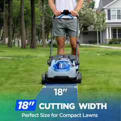 KraftSense deck closeup showing 18-inch cutting blade and durable construction