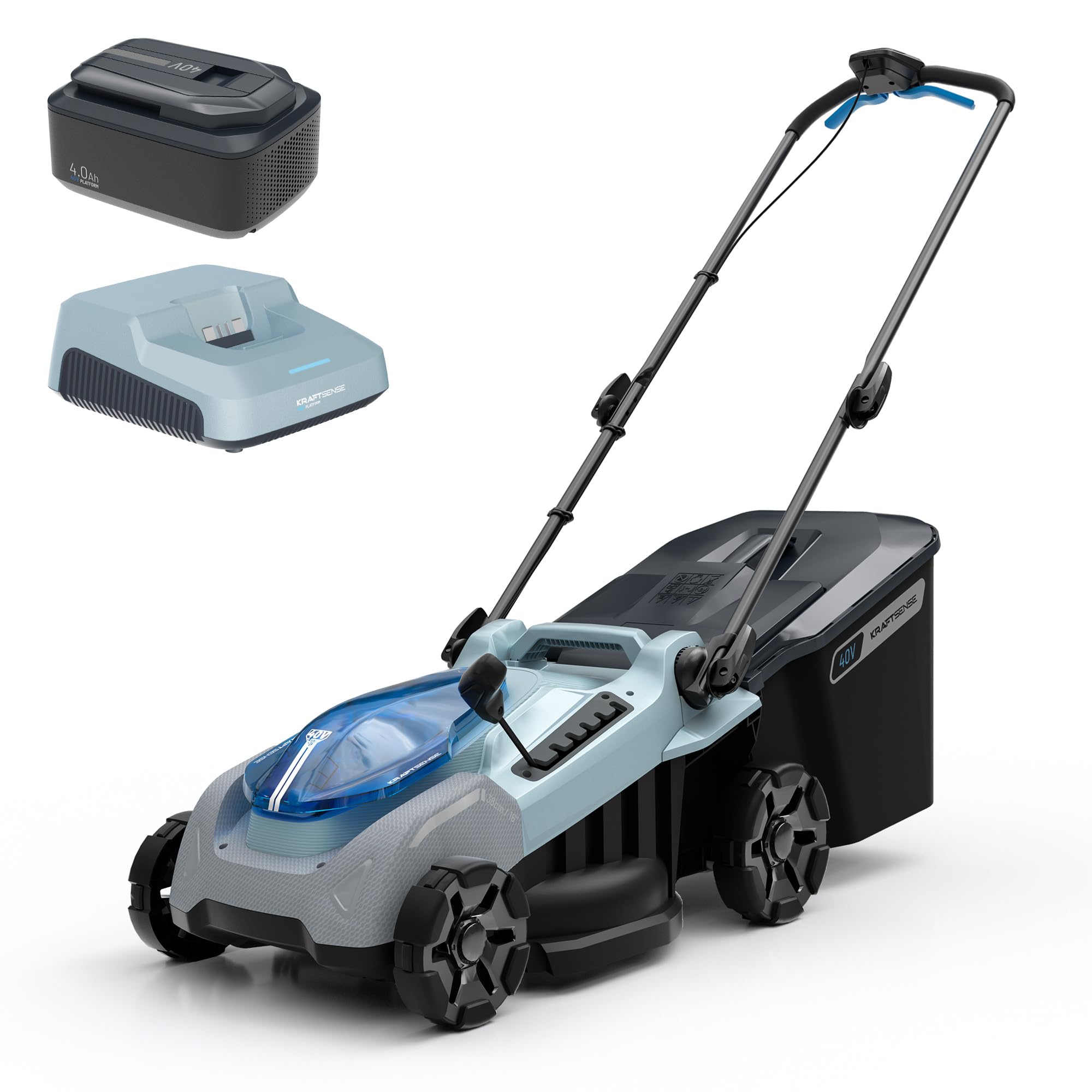 KraftSense front view showing compact mower and easy-start benefit