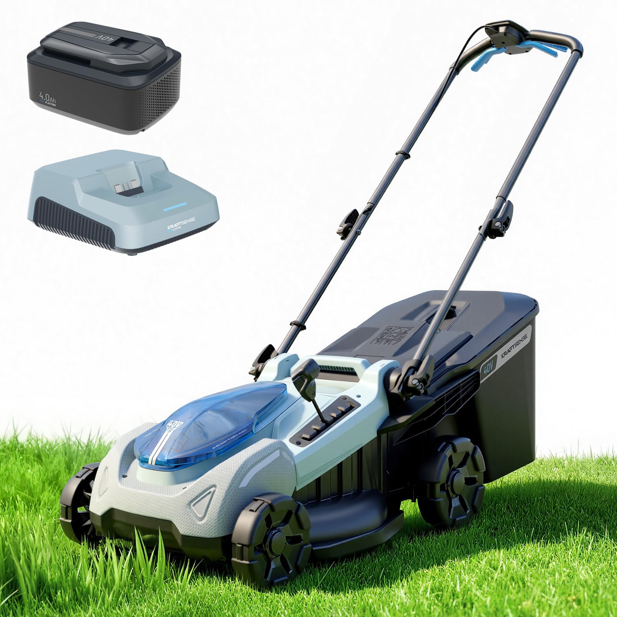 KraftSense front view of 18-inch mower showing compact deck and easy steering benefit