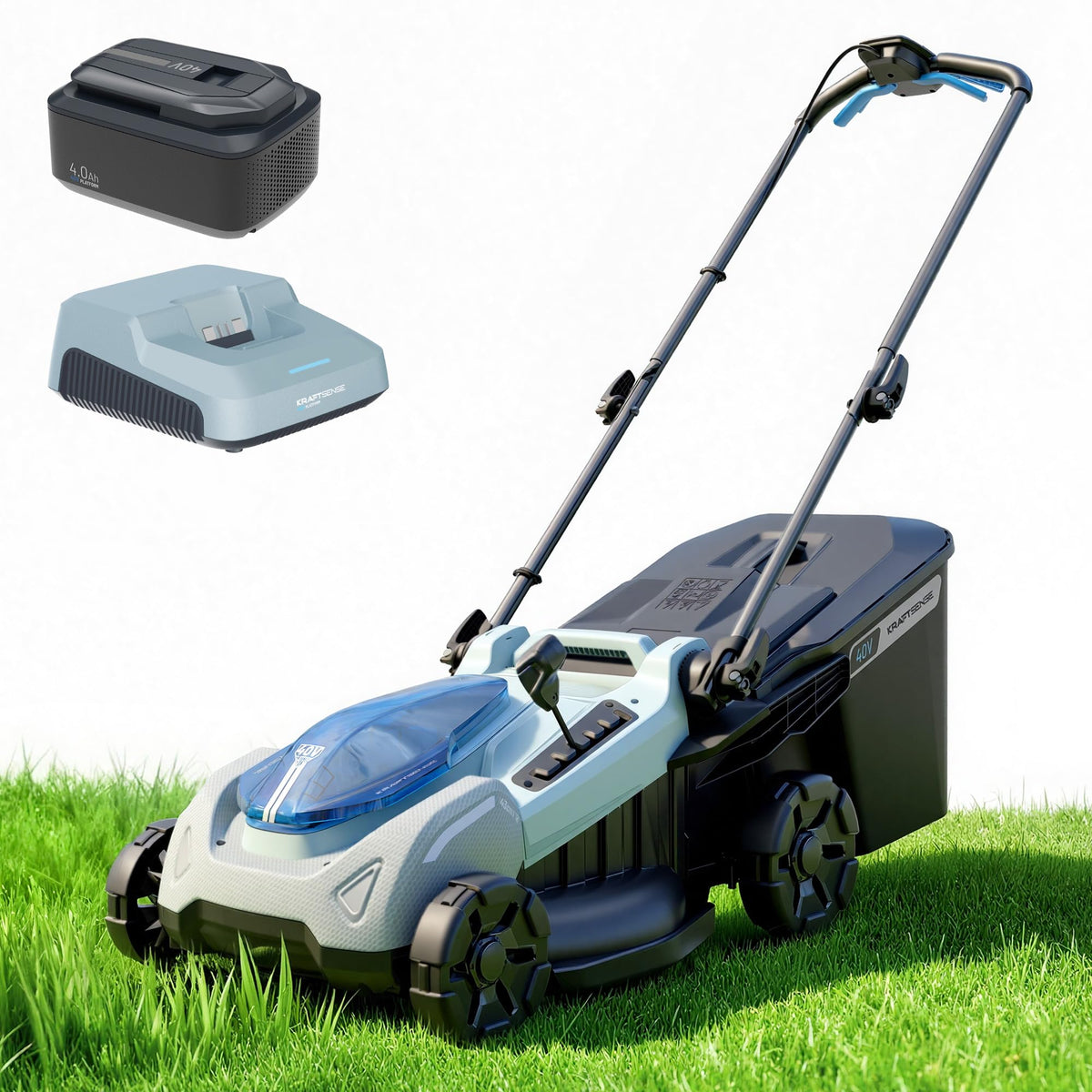 KraftSense front view of 18-inch mower showing compact deck and easy steering benefit