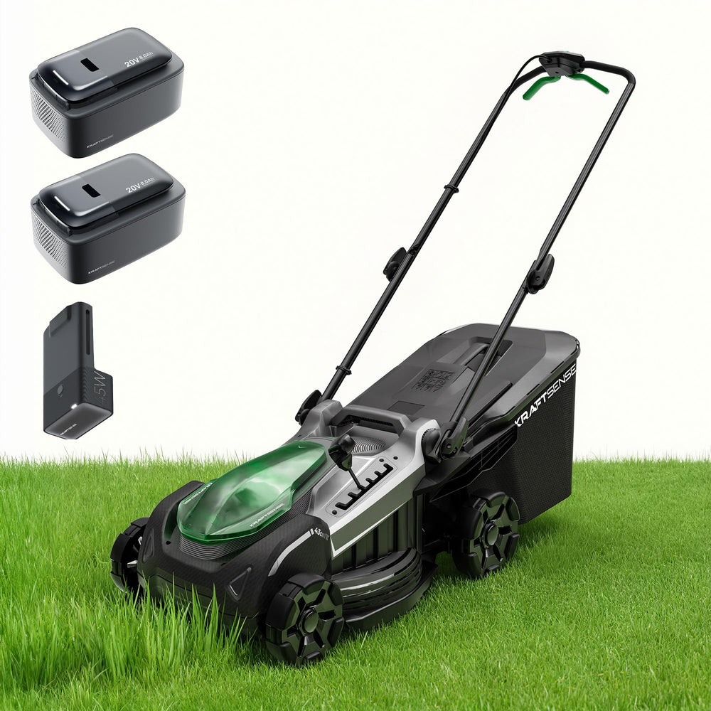 KraftSense front view of mower showing deck and wheels for efficient cutting